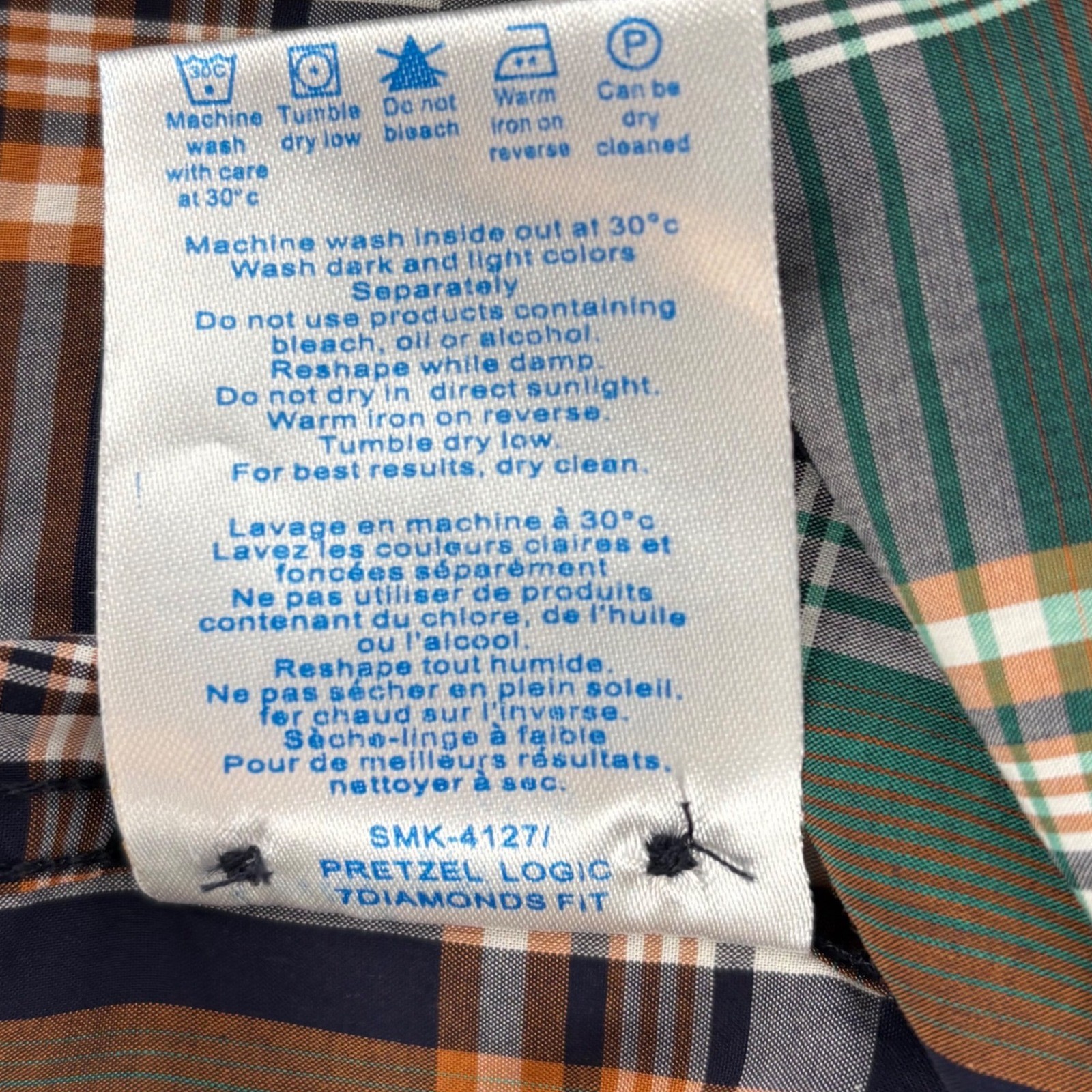 7 Diamonds Premium Mens Plaid Button Down Shirt L Pretzel Logic Navy Orng Green