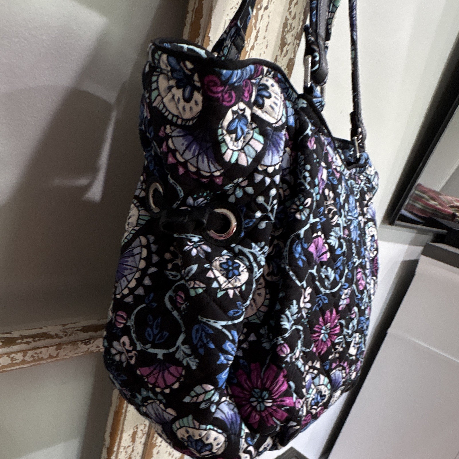 Women’s Floral Quilted Zip Top Tote Bag, Lined, Silver Hardware, Multicolor