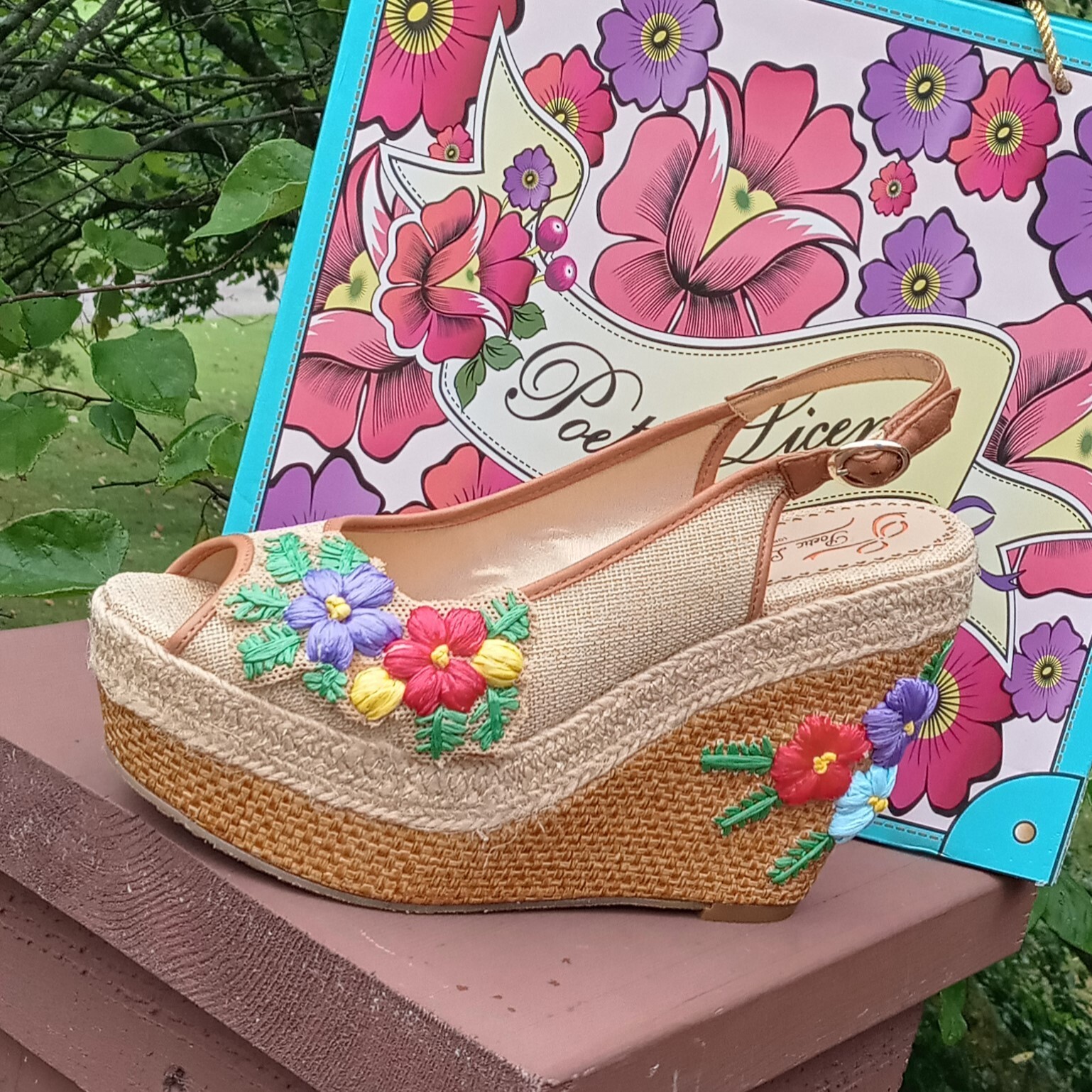 Poetic Licence 8.5 Sandals Natural Petal Pusher Floral Fabric Leather Wedge Shoe