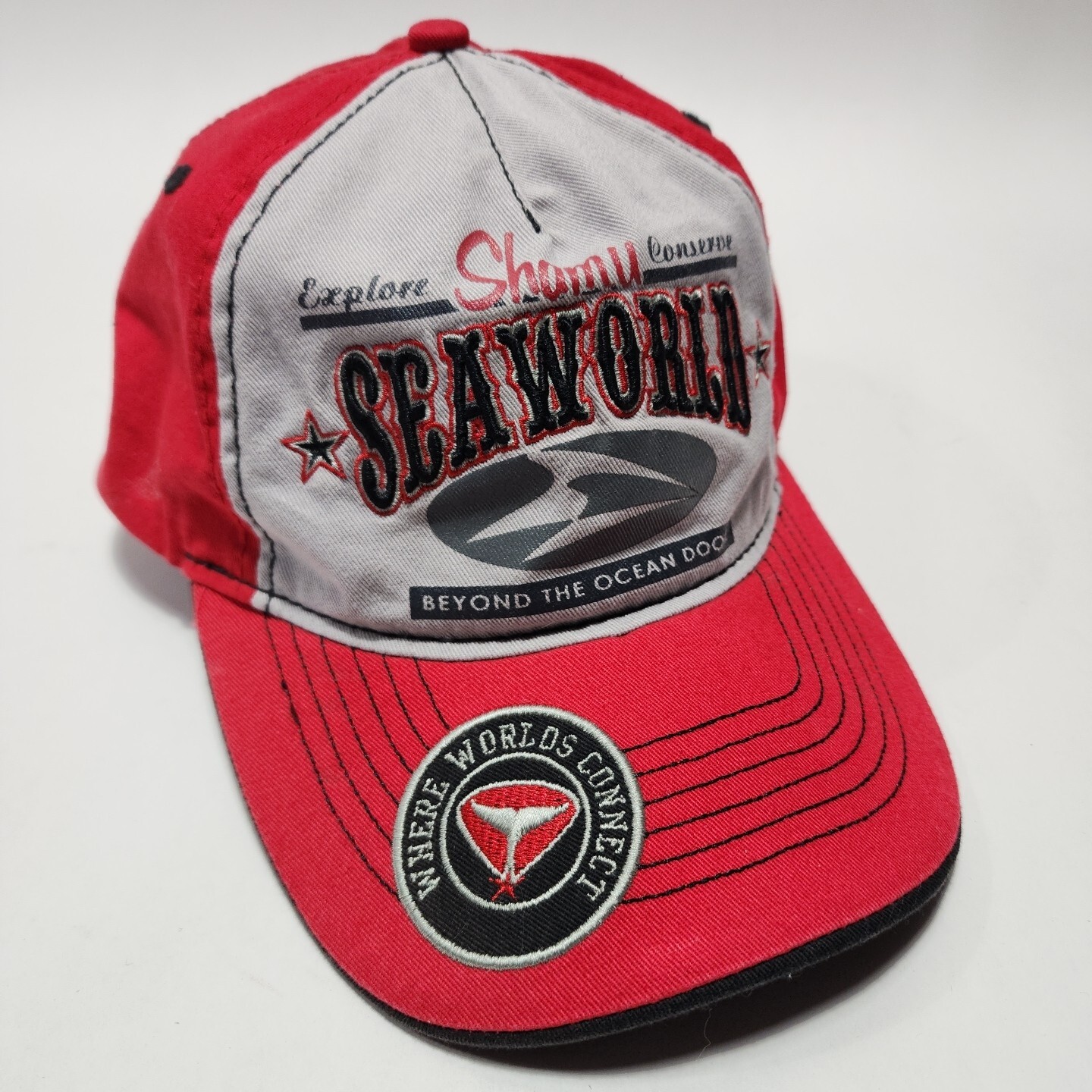 Sea World Shamu Explore Conserve Beyond The Ocean Floor Red Grey Strapback Hat