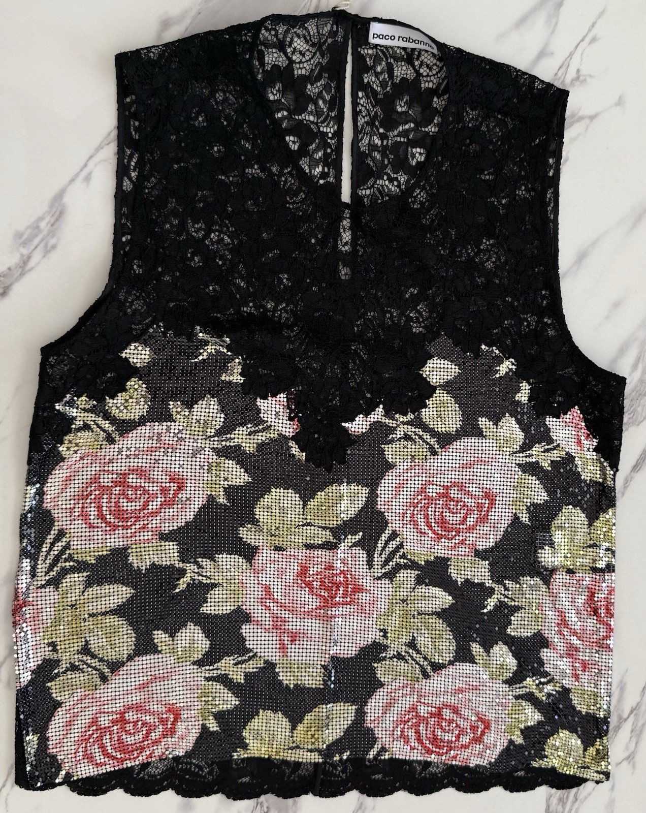 Paco Rabanne Floral-print Chainmail & Corded Black Lace Top Blouse Sz 38 FR/6 US