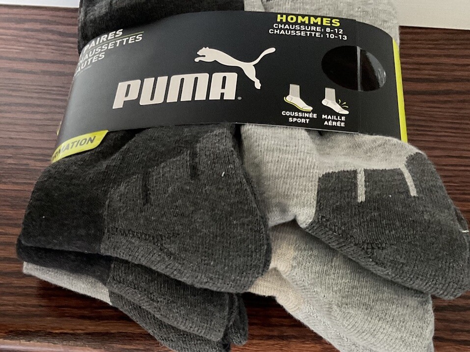 Men PUMA Cushioned Crew Mesh Vent. Socks 6 Pairs Size 8-12 Assorted w Logo New