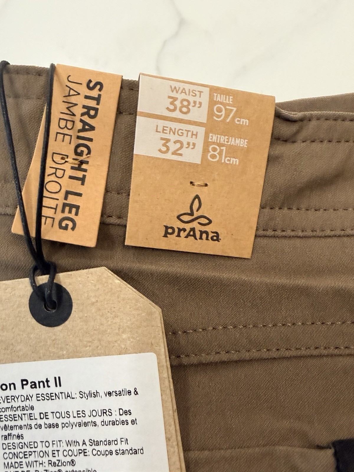 prAna Brion II Men’s ReZion Stretch Straight Leg Pants Mud 38”x32” – NWT