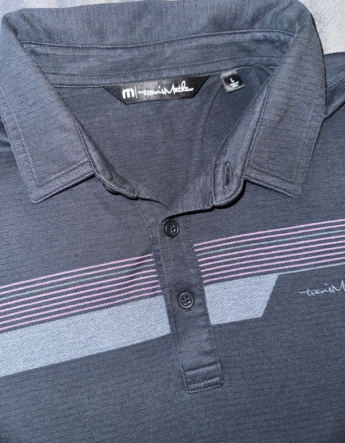 Travis Mathew Striped Polo Shirt Mens Size Large Black Pink Golf Lightweight