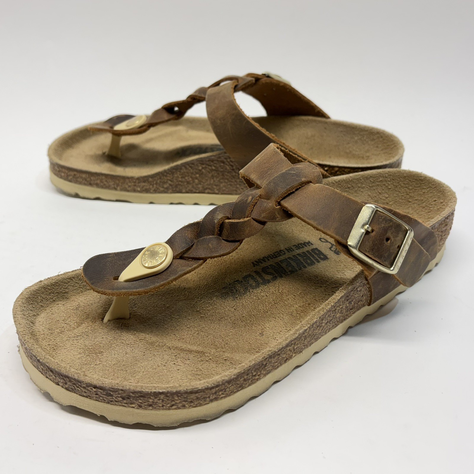 Birkenstock Gizeh Braided Women Sz 36 L5 Reg Brown Oiled Leather Thong Sandals