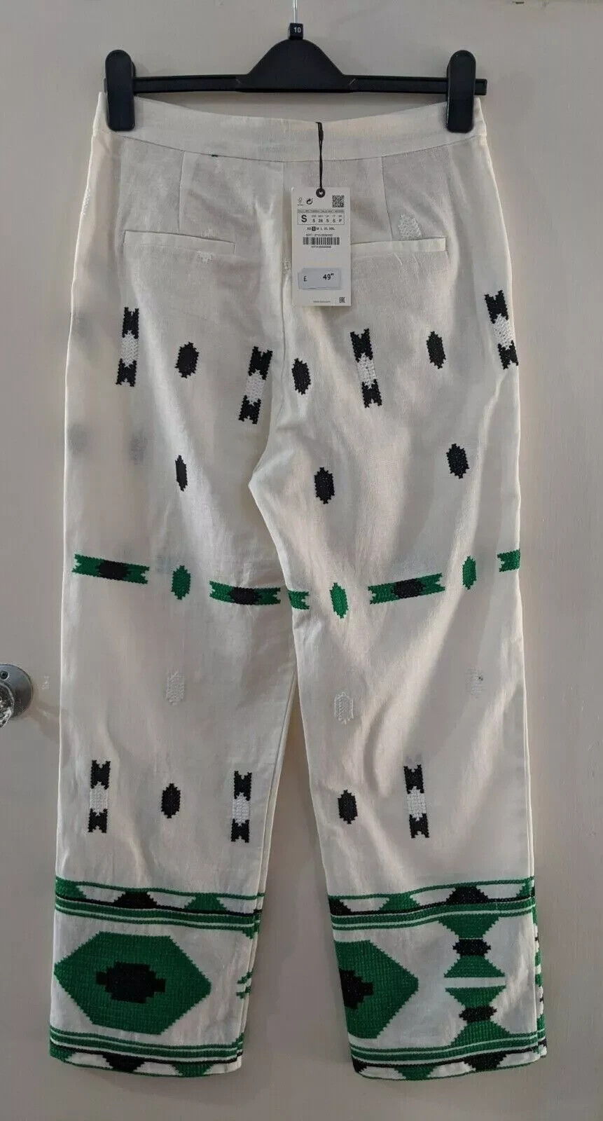 Zara White and Green Linen Blend Embroidered Trousers Size S RRP £49.99