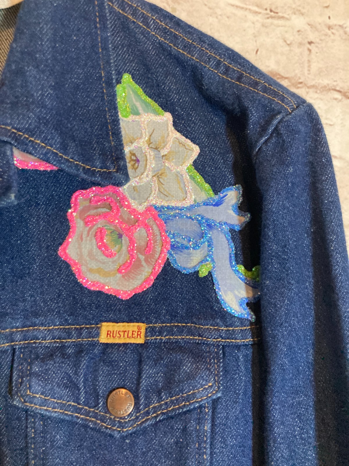 Vintage Rustler Jean Jacket Women Large Hand Painted Artsy Dark Wash 80’s Button