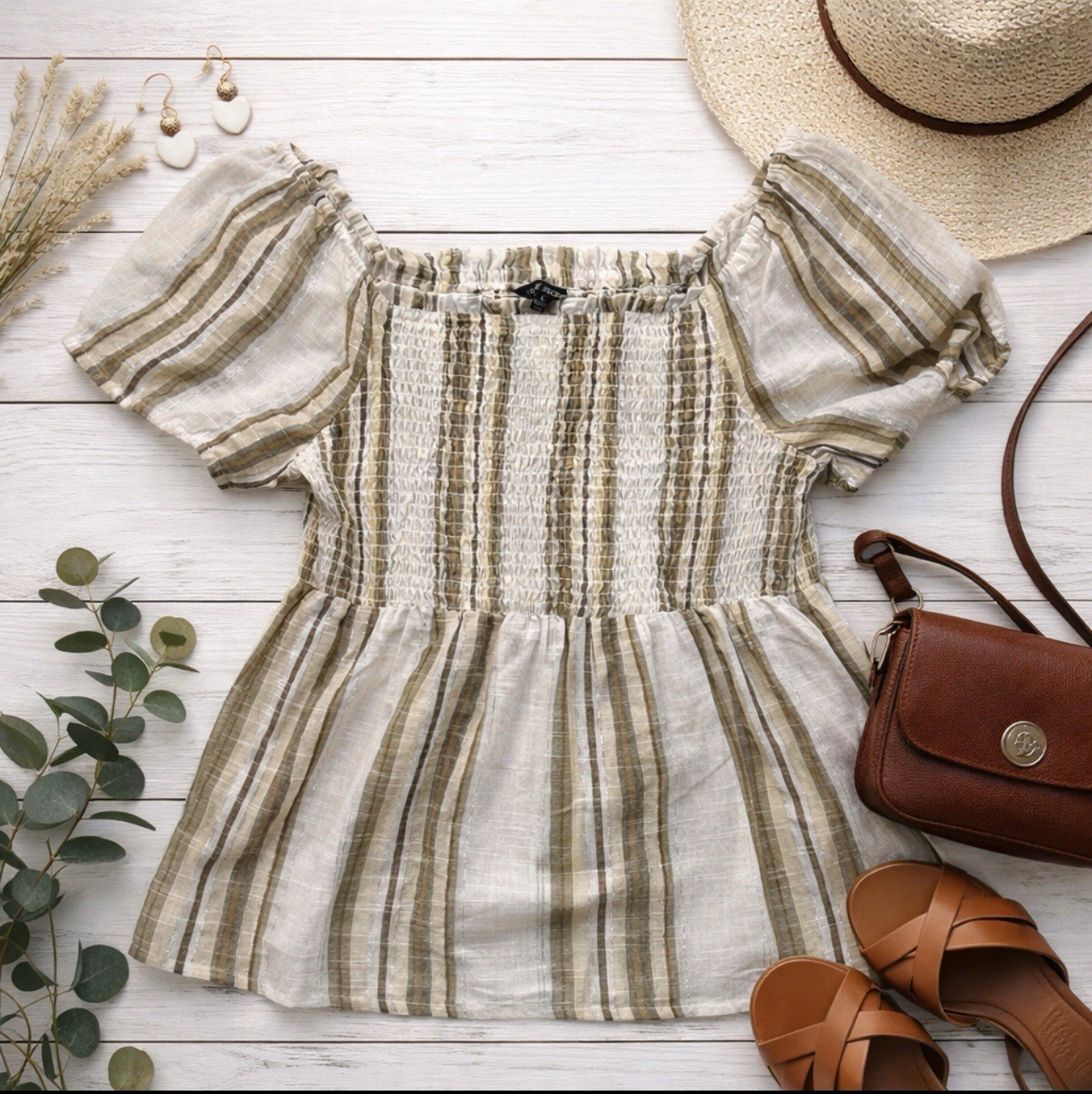 NWT Unique Spectrum Boho Peasant Top Scrunch Silver Thread Muted Gauze Size L