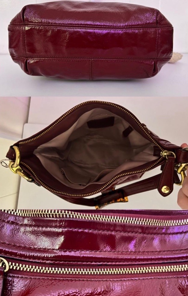 Coach Burgundy Patent Shoulder Bag Zip Gold Hardware Charm Detachable Strap 🍒