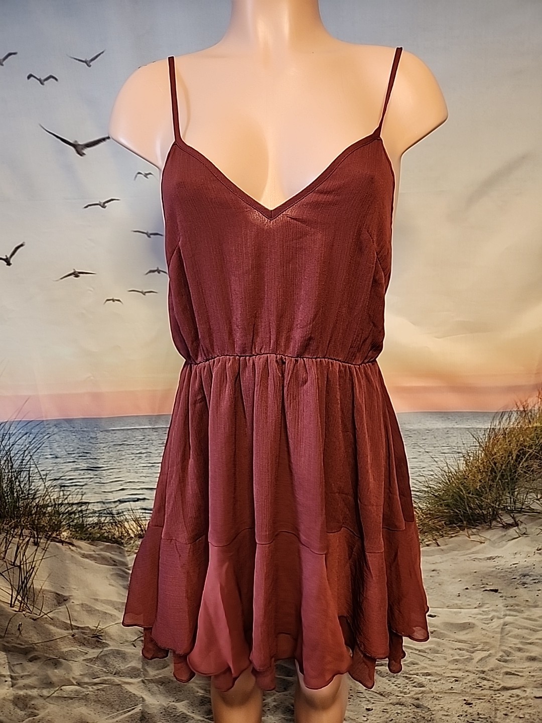 new Commense Red Semi-Sheer Chiffon Ruffle Dress with Cape Overlay, Large