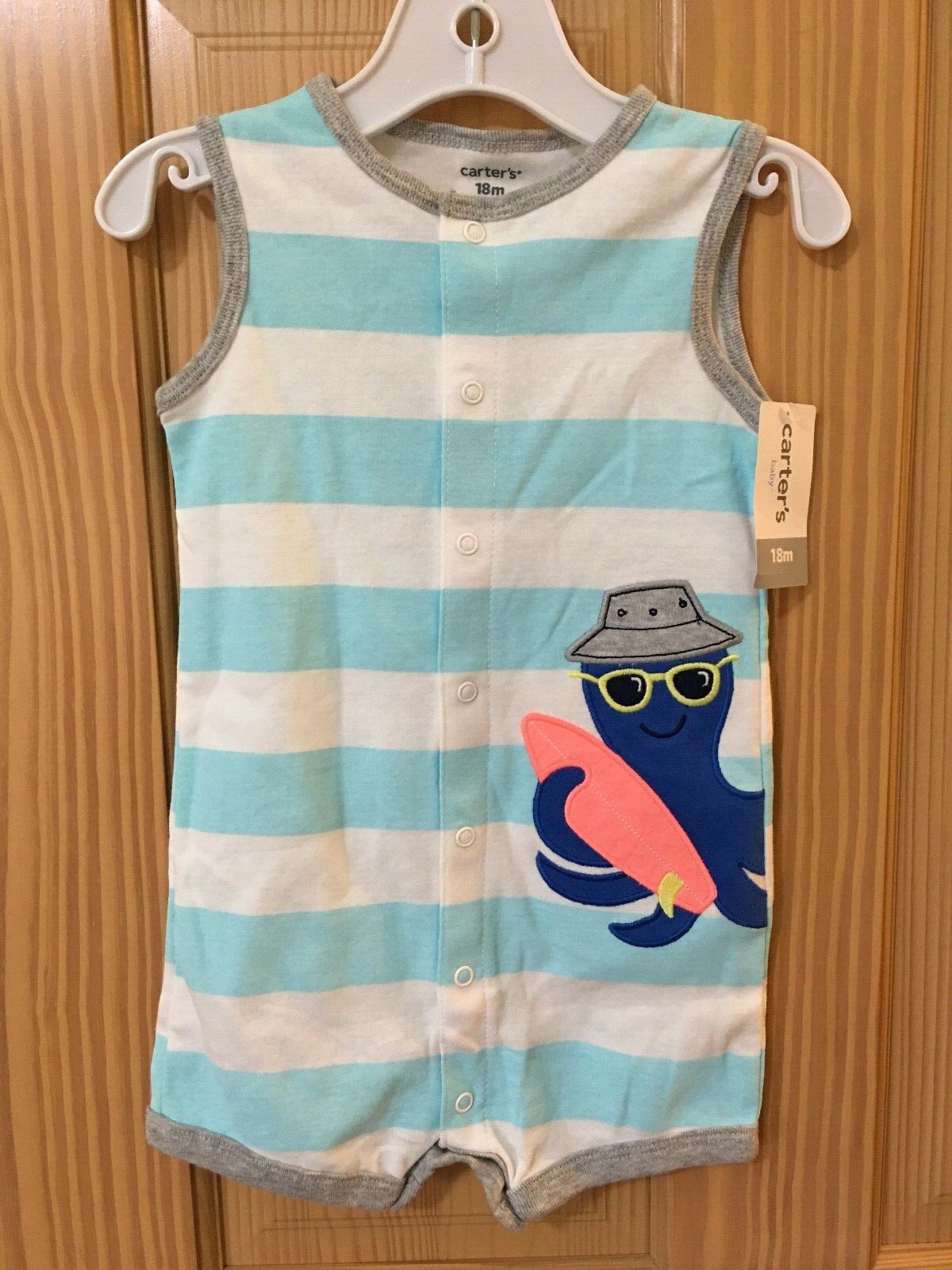 NWT Carter’s Baby Boy Octopus Romper Stripe Blue