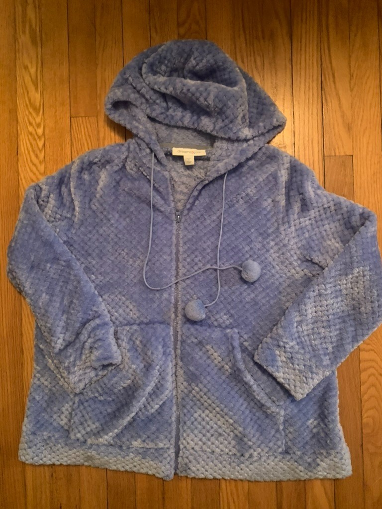 Dreams & Co. Blue Textured Plush Fleece Zip-Up Hoodie Medium Pom-Pom Cuddly