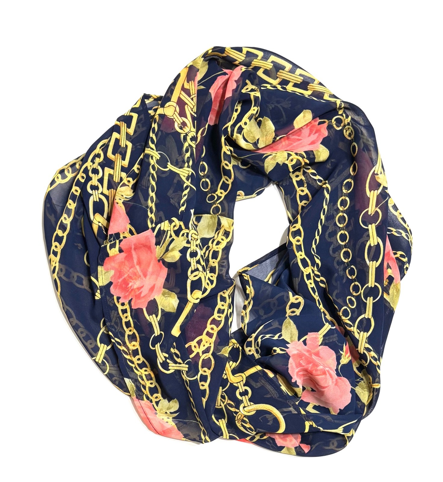 Susan Graver Infinity Scarf Navy Blue Background Pink Roses Chains 17×78 Inches