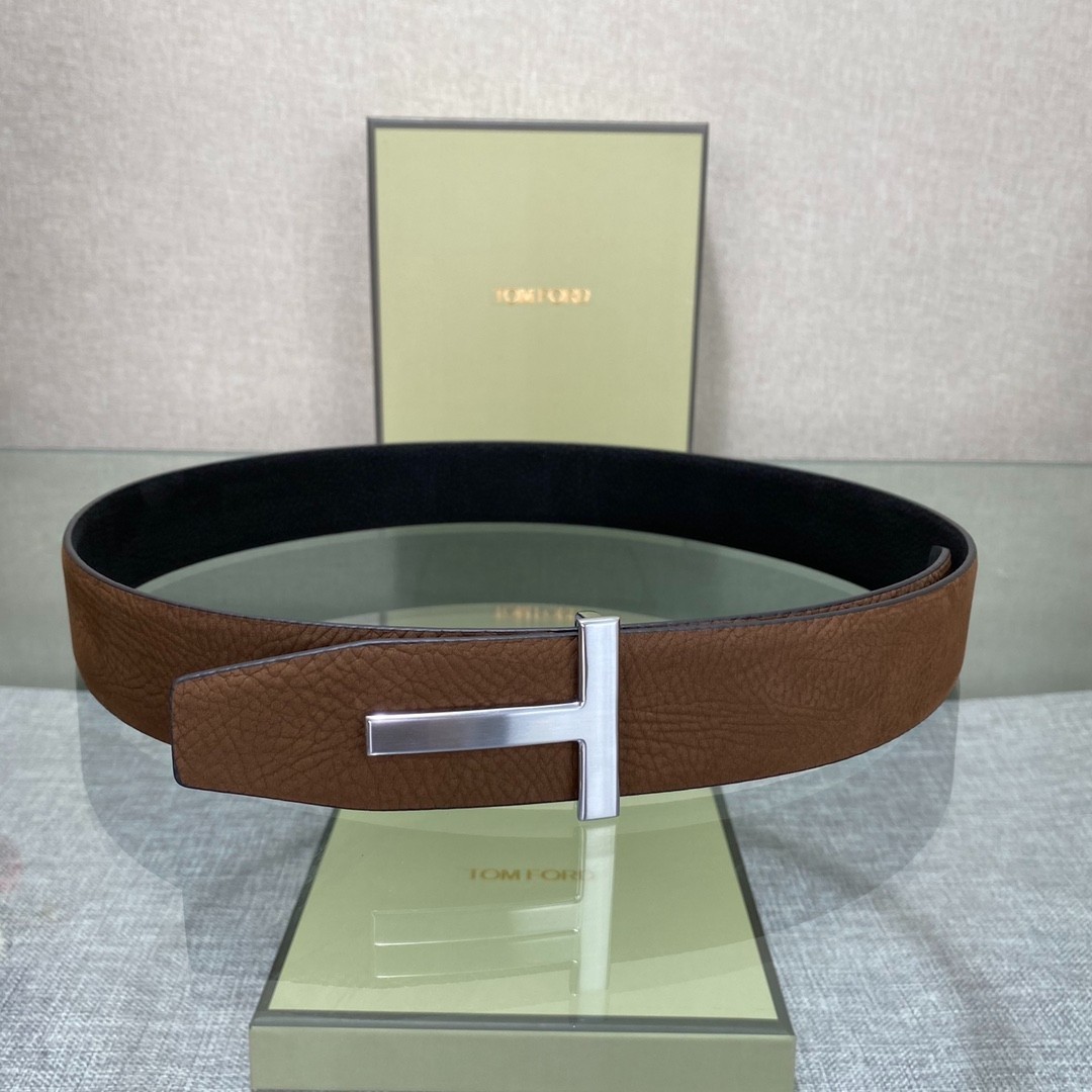 Tom Ford Mens Simple T Logo Brown/Black Leather Dress Belt S.S. Buckle