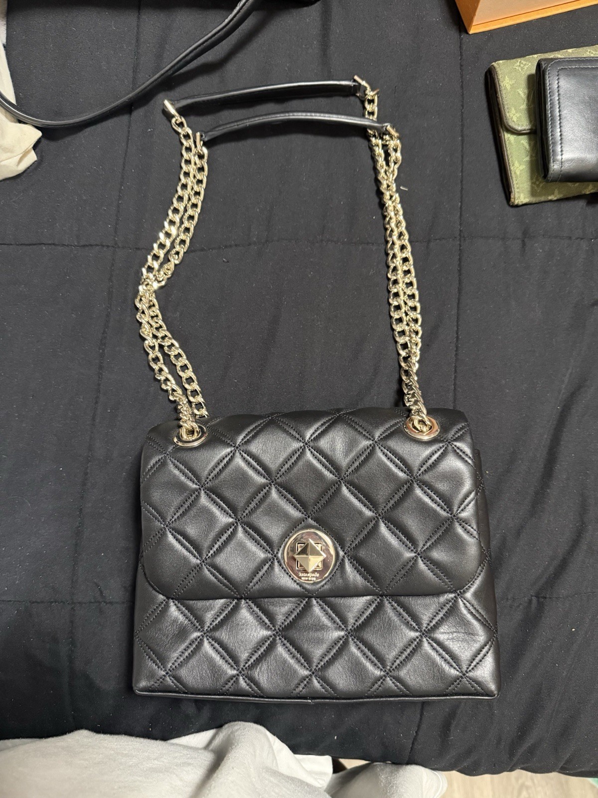 Black Medium Quilted Shoulder Bag Gold Chain Strap Turn Lock Lined Detach Strap