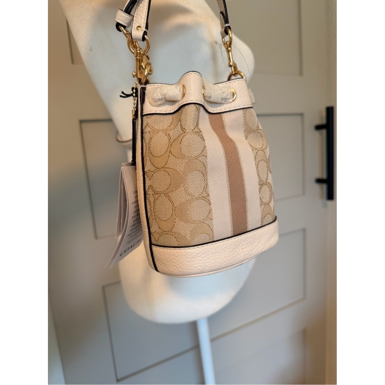 Coach Mini Dempsey Bucket Bag in Beige and White with Signature Logo