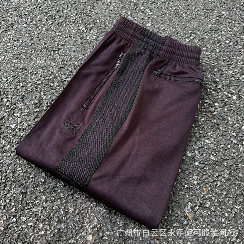 Men’s Women Black Embroidered Needles Track Pants Green Classic Stripe Trousers