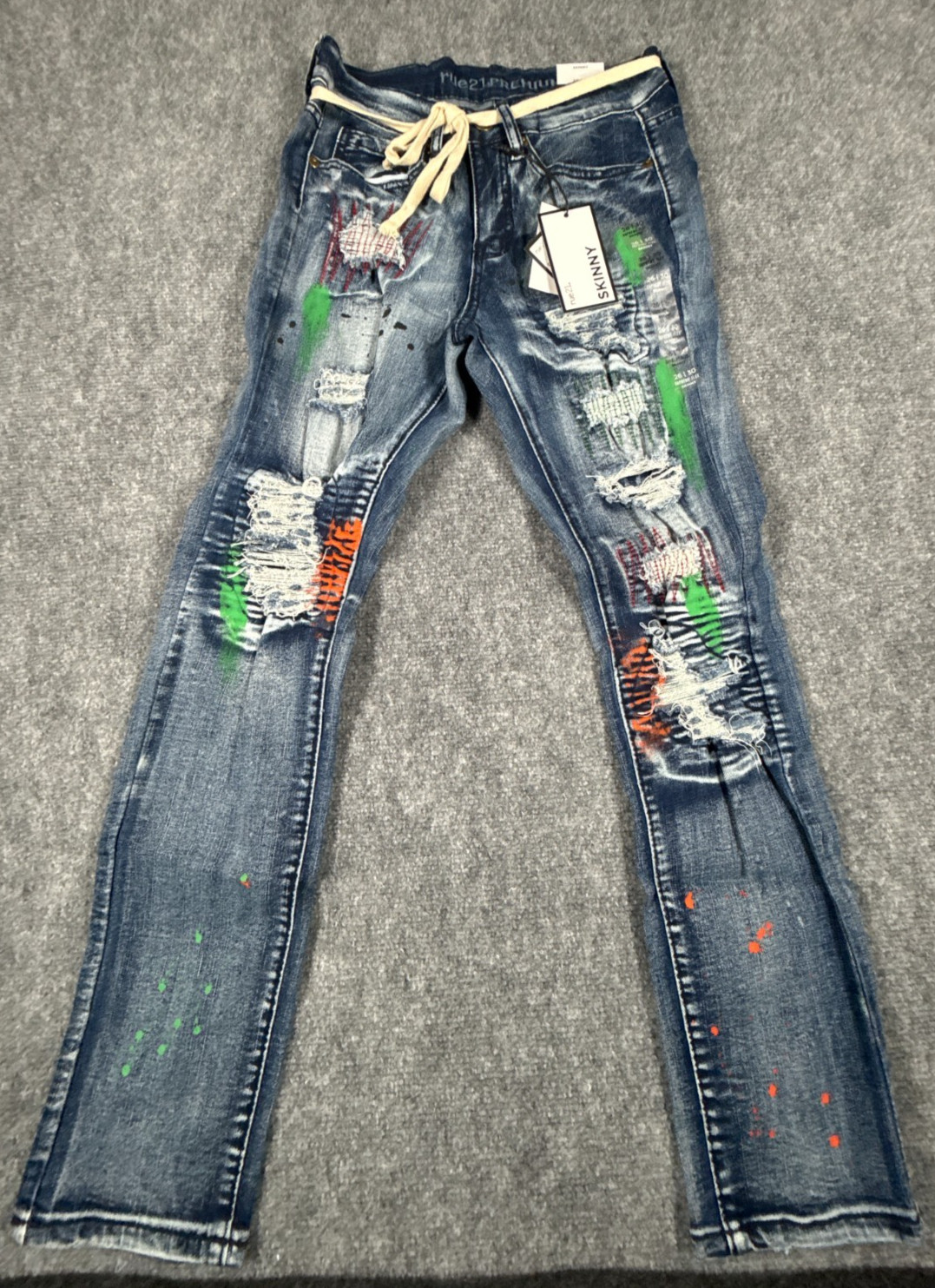 Rue21 Premium Skinny Flex Jeans Men’s 26×30 Blue Distressed Paint Splatter NWT