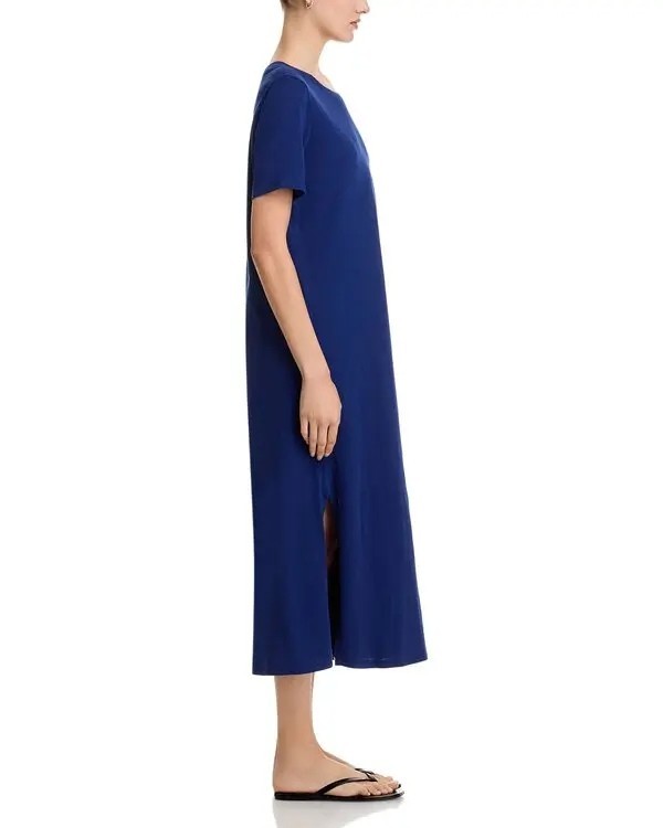 148$ Eileen Fisher Crew Neck Casual Midi Dress Short Sleeves Size XS Deep Blue