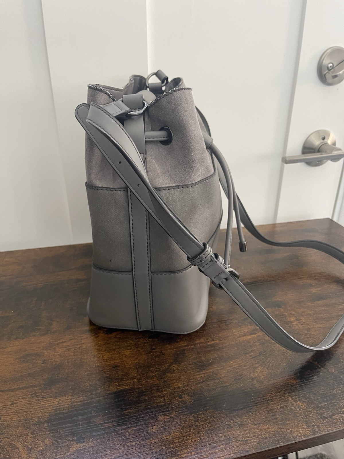 Calvin Klein Gray Drawstring Bucket Crossbody Bag Adjustable Strap Silver Logo