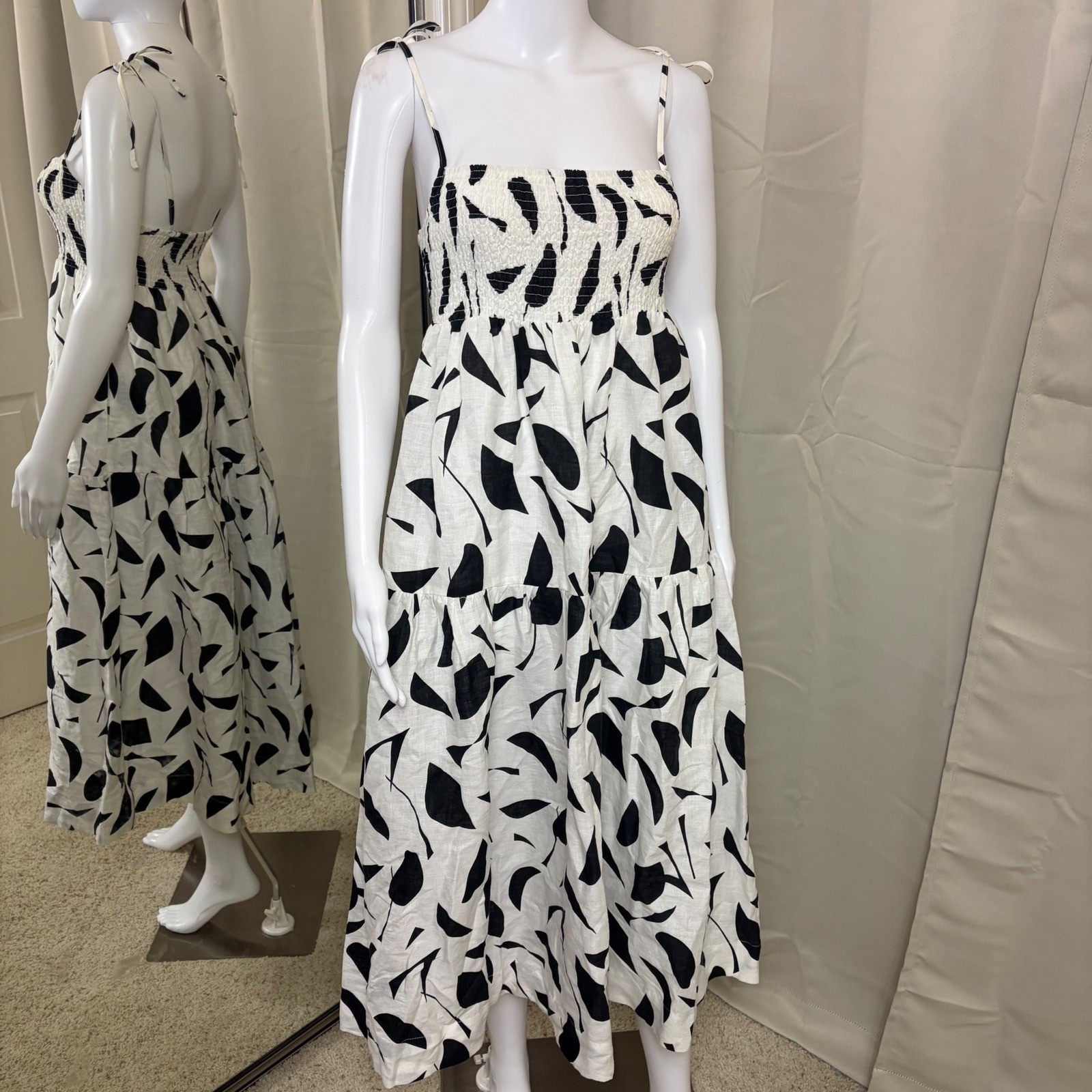 ASTR The Label Black Abstract Linen Smocked Midi Dress AC Womens Medium