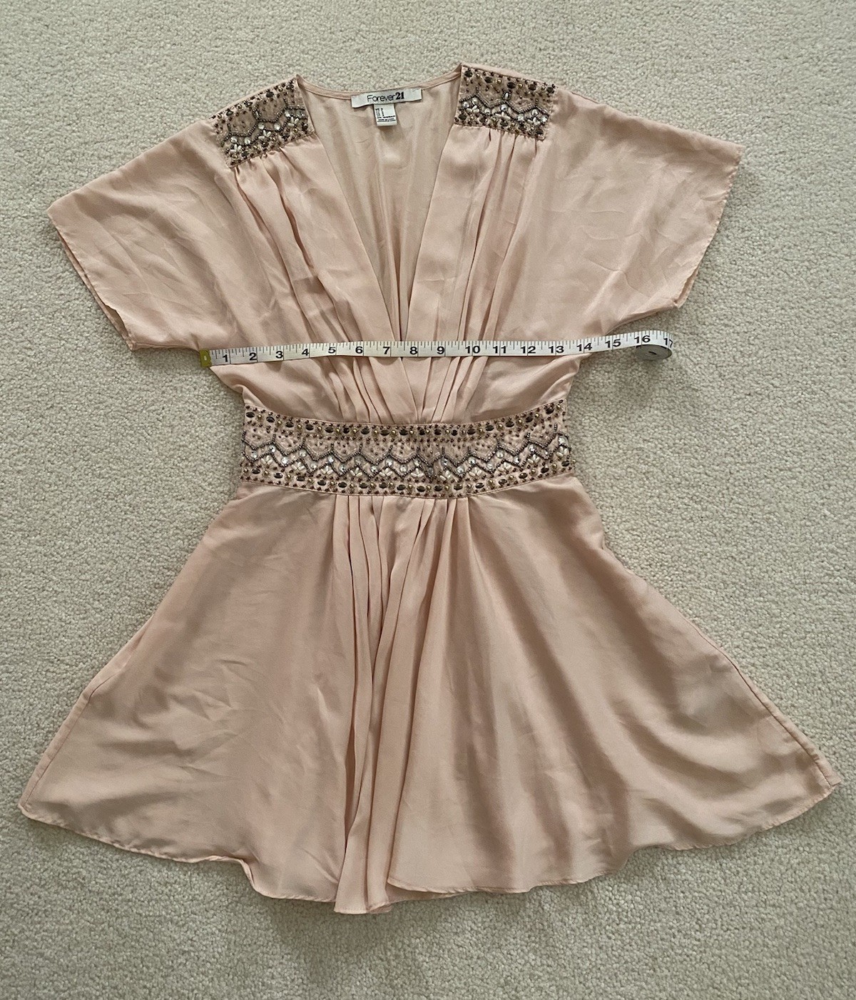 Forever 21 Peach Beaded Romantic Ethereal Babydoll V-Neck Top Short Sleeve ~ S