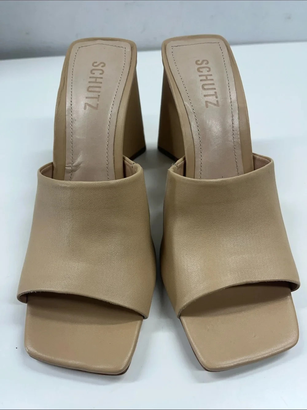New Schutz Lizah Mule Sandals Square Toe in Light Nude Napa Leather Size 8.5