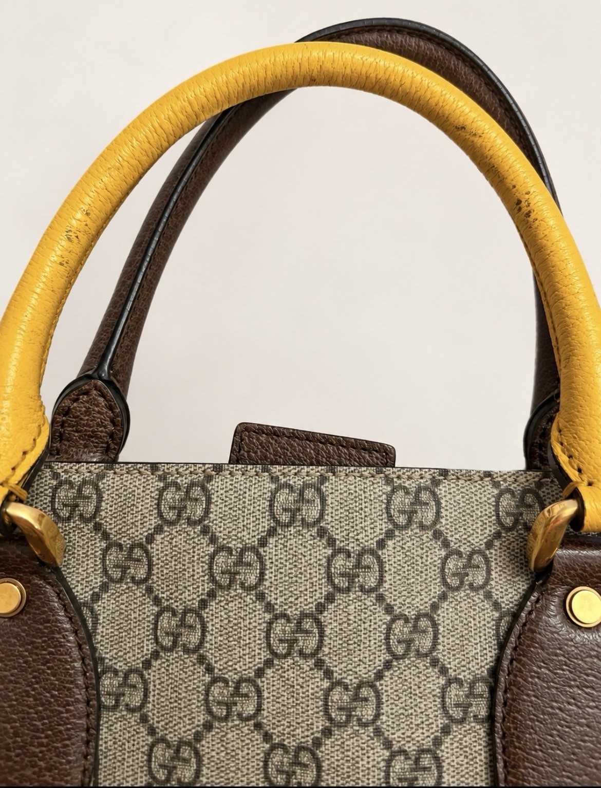 Gucci GG Pattern Web Stripe Tote Bag Zip Top Handle Beige Brown Gold