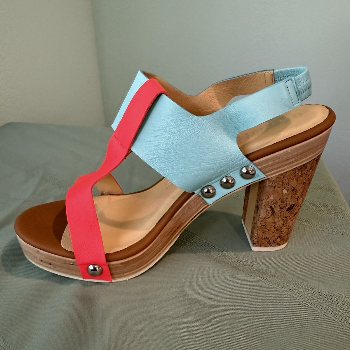 Nanette Lepore Blue/Orange Leather Strappy Studded Open Toe Block Heel 10