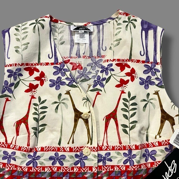 Vintage Lindsey Scott Vest Giraffe & Flower Print Button Up Artsy Boho Large