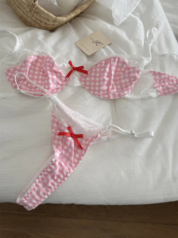 Plaid Bra Panty Set Underwire Push Up Adjustable Strap Support Lingerie Set