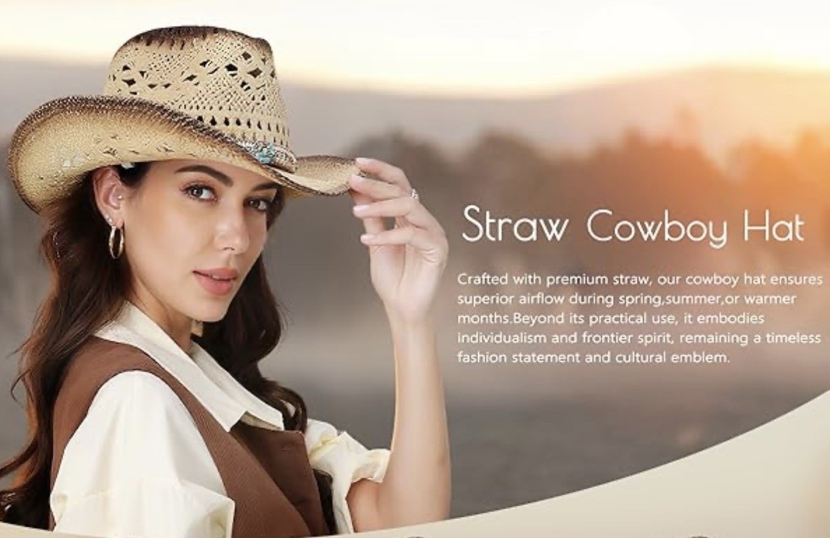 Women’s Straw Cowboy Hat, Breathable Western Cowgirl Hat W/2 Decorative Bands