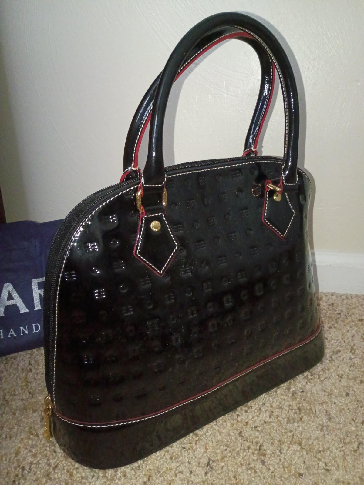 Arcadia Black Patent Pink Trim Zip Top Handle Satchel, Made in Italy, Dust Bag