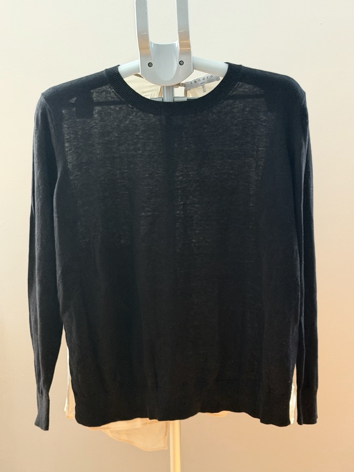 Sandro Womens Black Knit Pullover Sweater Beige Silk Back Tie Size 2