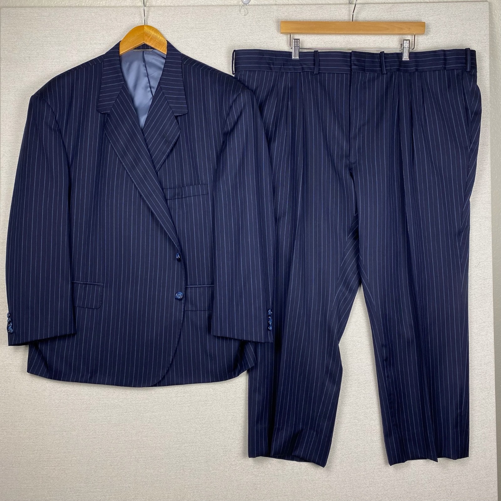 2 Piece Suit Mens 56R 48×28 Navy Pinstripe Wool Bespoke USA Made Dandy Old Money