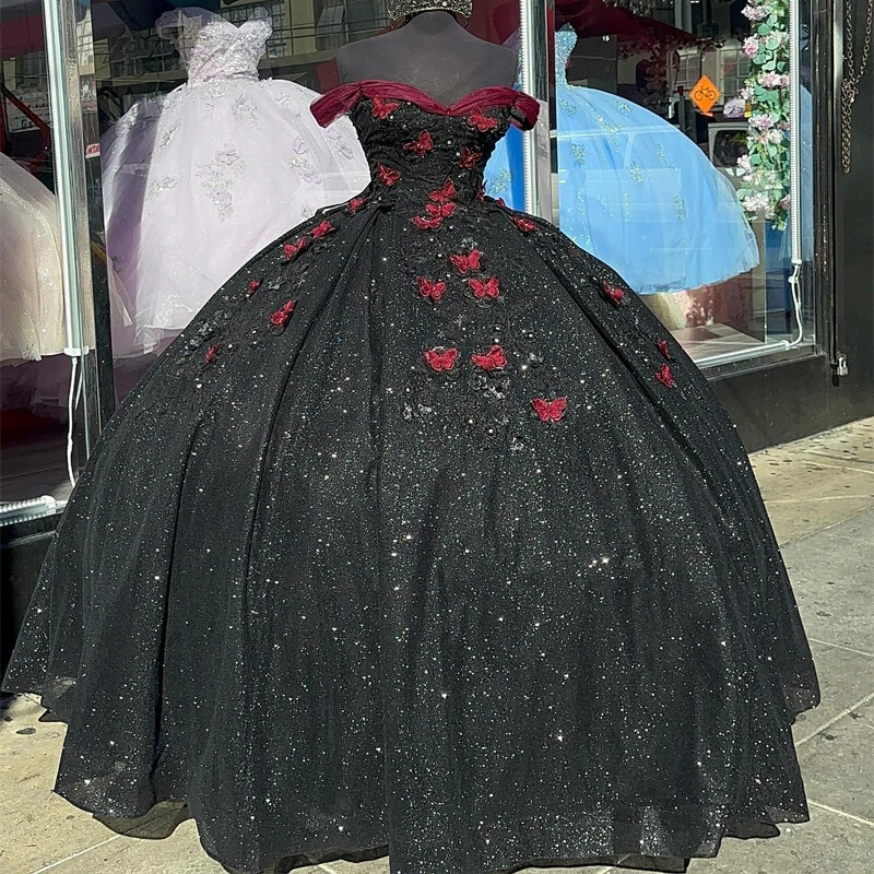 Black Shiny Off Shoulder Quinceanera Dresses Ball Gown Bow Red Cape Sweet 16 15