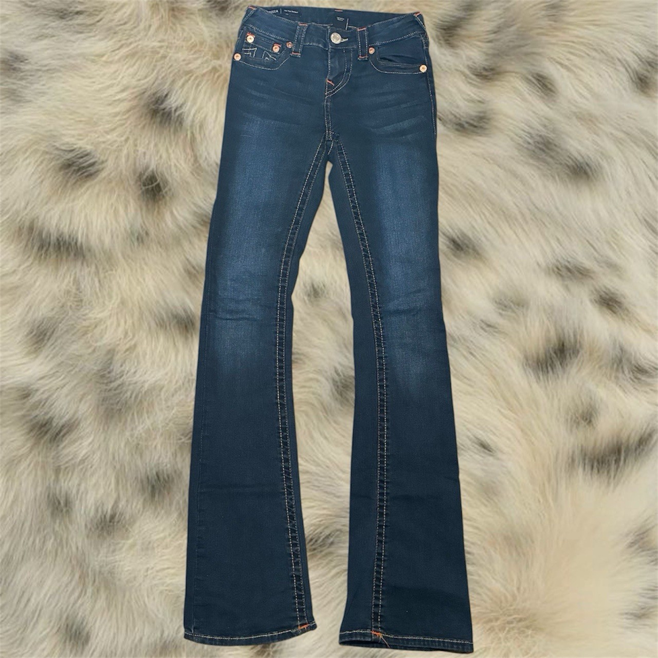 True Religion Women’s Dark Wash Blue Denim Bootcut Mid Rise Button Zip 5-Pocket