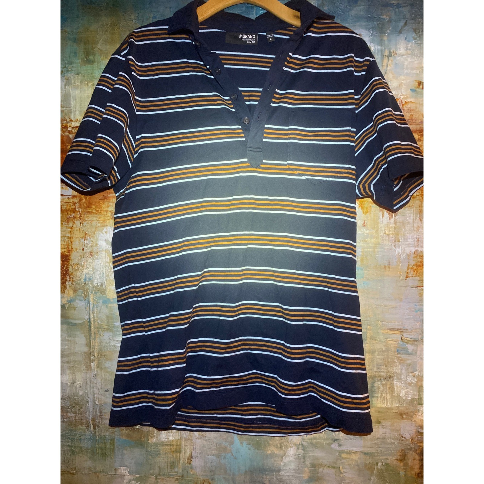 Murano Liquid Luxury Slim Fit Polo Shirt Mens Large Navy Gold Striped Cotton