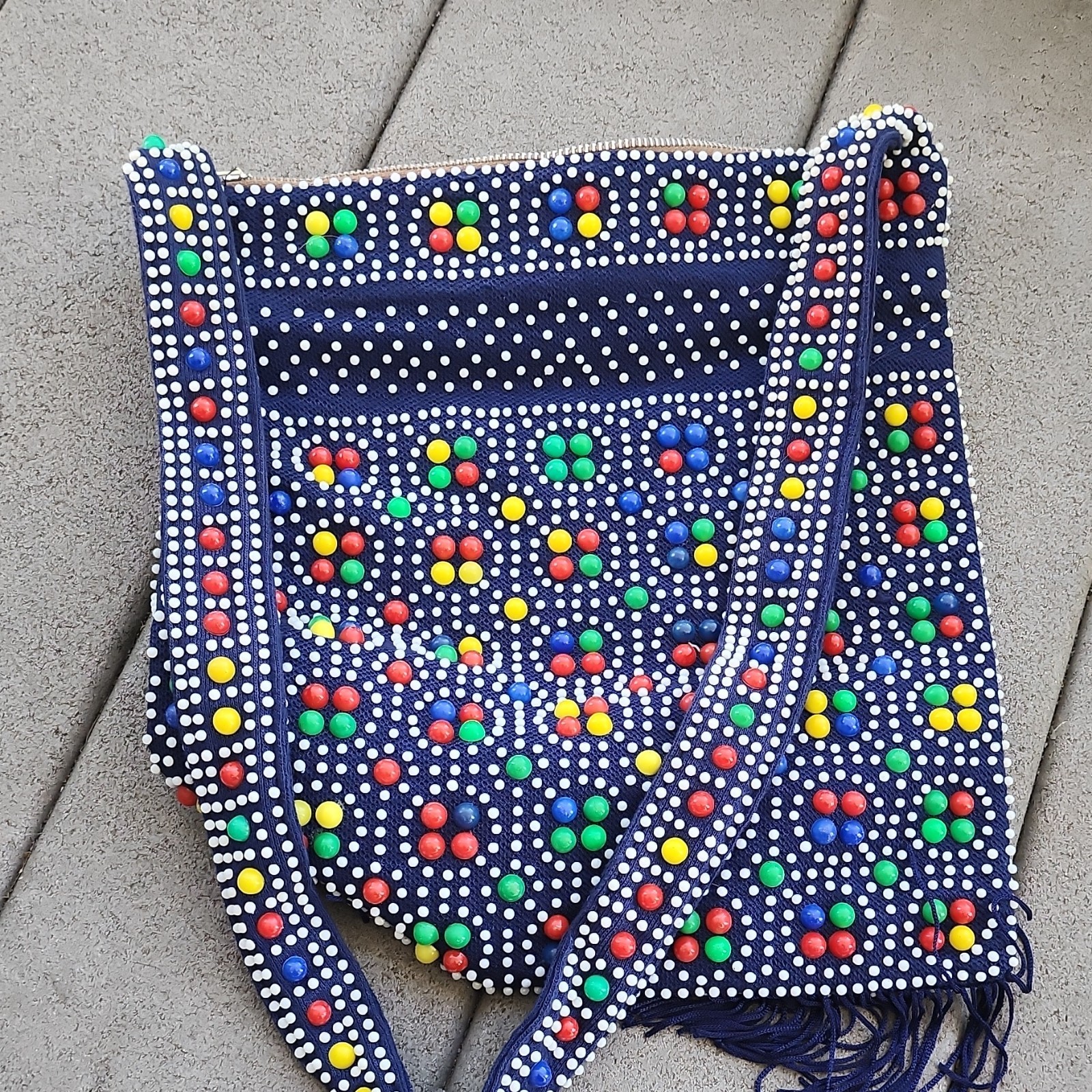 Vintage 70s Candy Dot Beaded Fringe Purse Crossbody Bag Rainbow Disco MINT