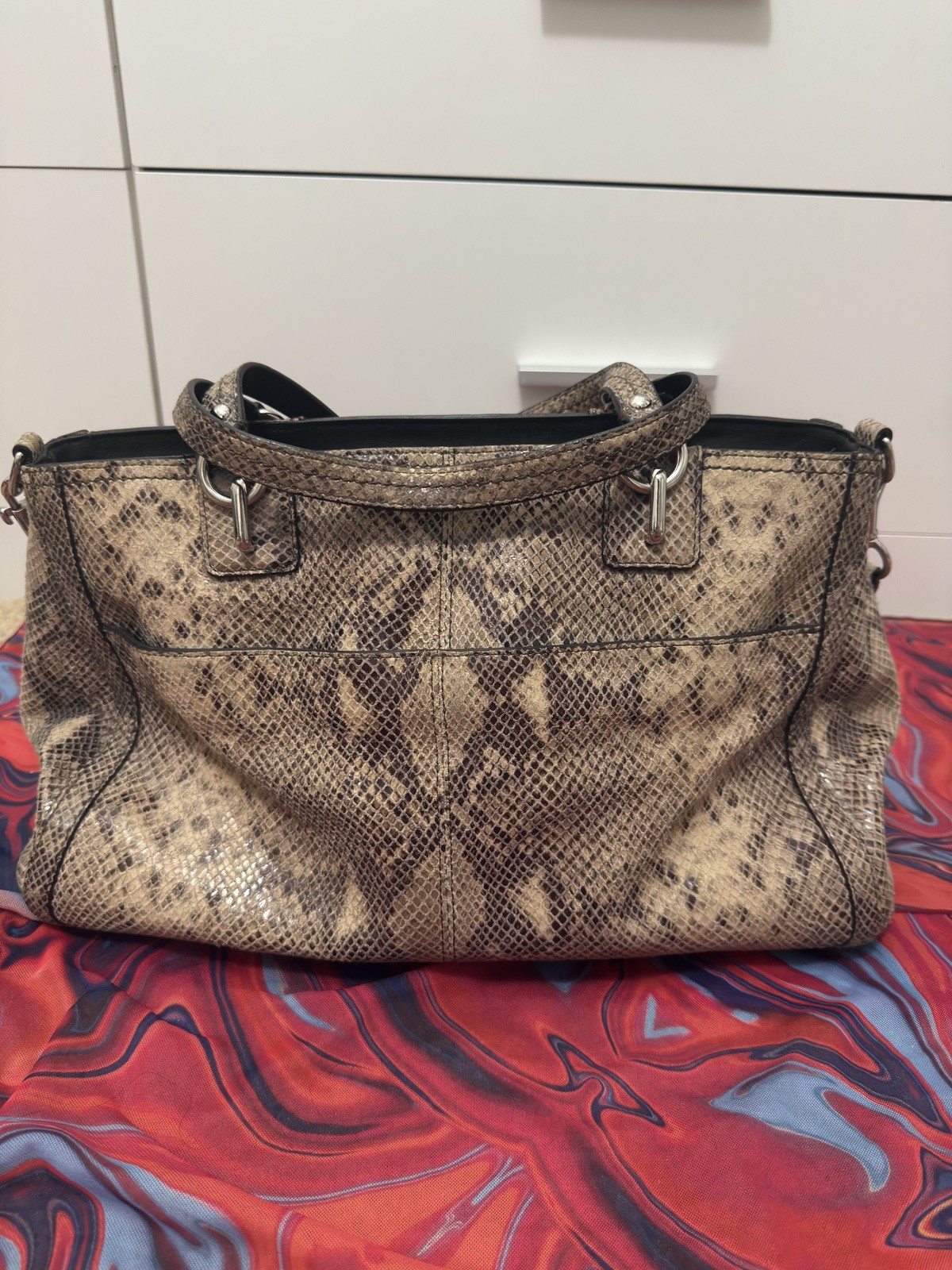 Coach Park Python Embossed Leather Carryall Tote Bag Silver Turnlock F24384