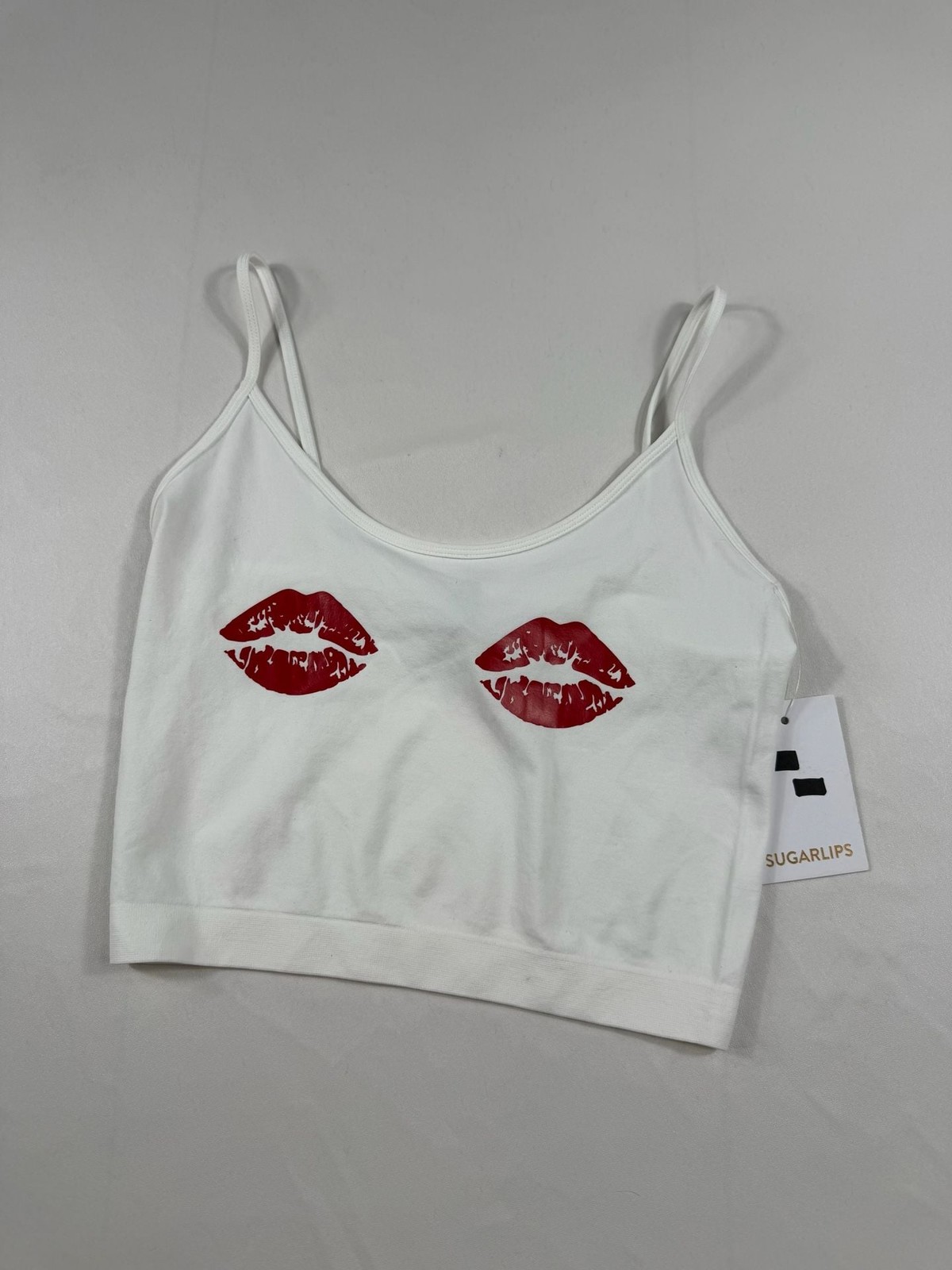 Sugarlips White Spaghetti Strap Crop Tank Top with Red Lips Print
