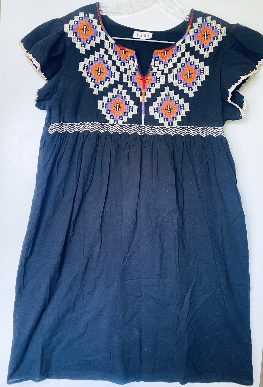 THML Black Embroidered Boho Tunic Dress Aztec Geometric Flutter Sleeve Small