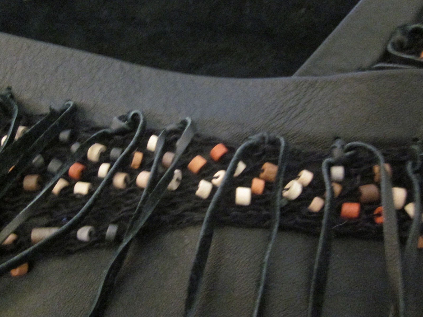  Hand Made Beaded Mesh and Leather Fringe 56″ Hip/ Shoulder Scarf