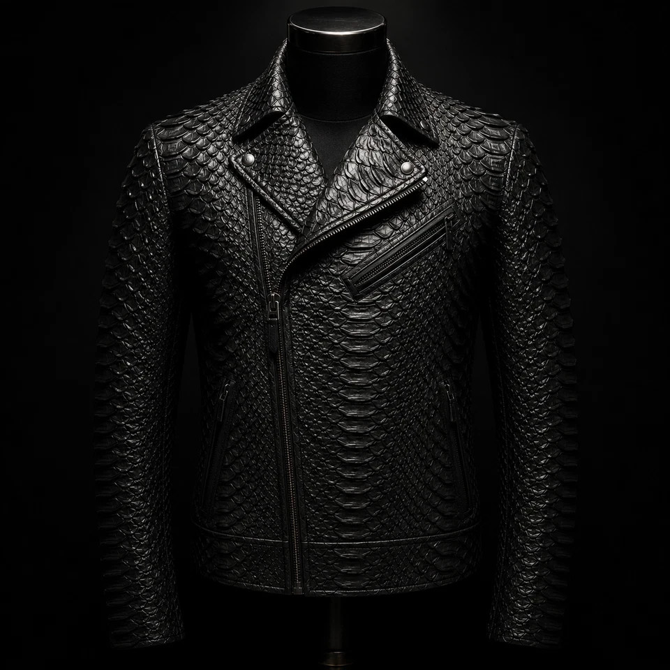 Mens Black King Python Cowhide Leather Biker Jacket Snake Embossed Handmade Moto