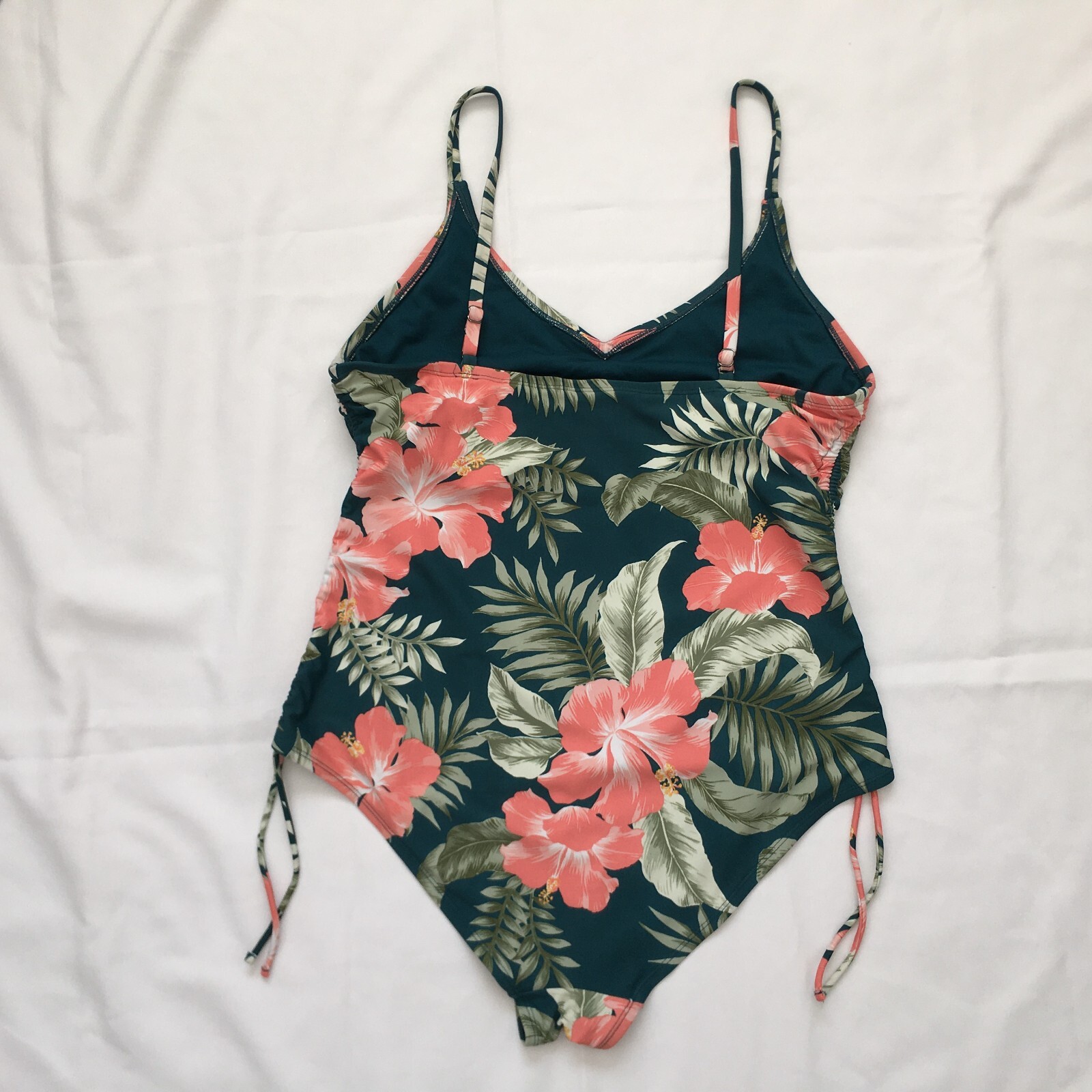 Kona Sol Womens Swimsuit One Piece Swimwear Green Floral Tropical Side Cinch…