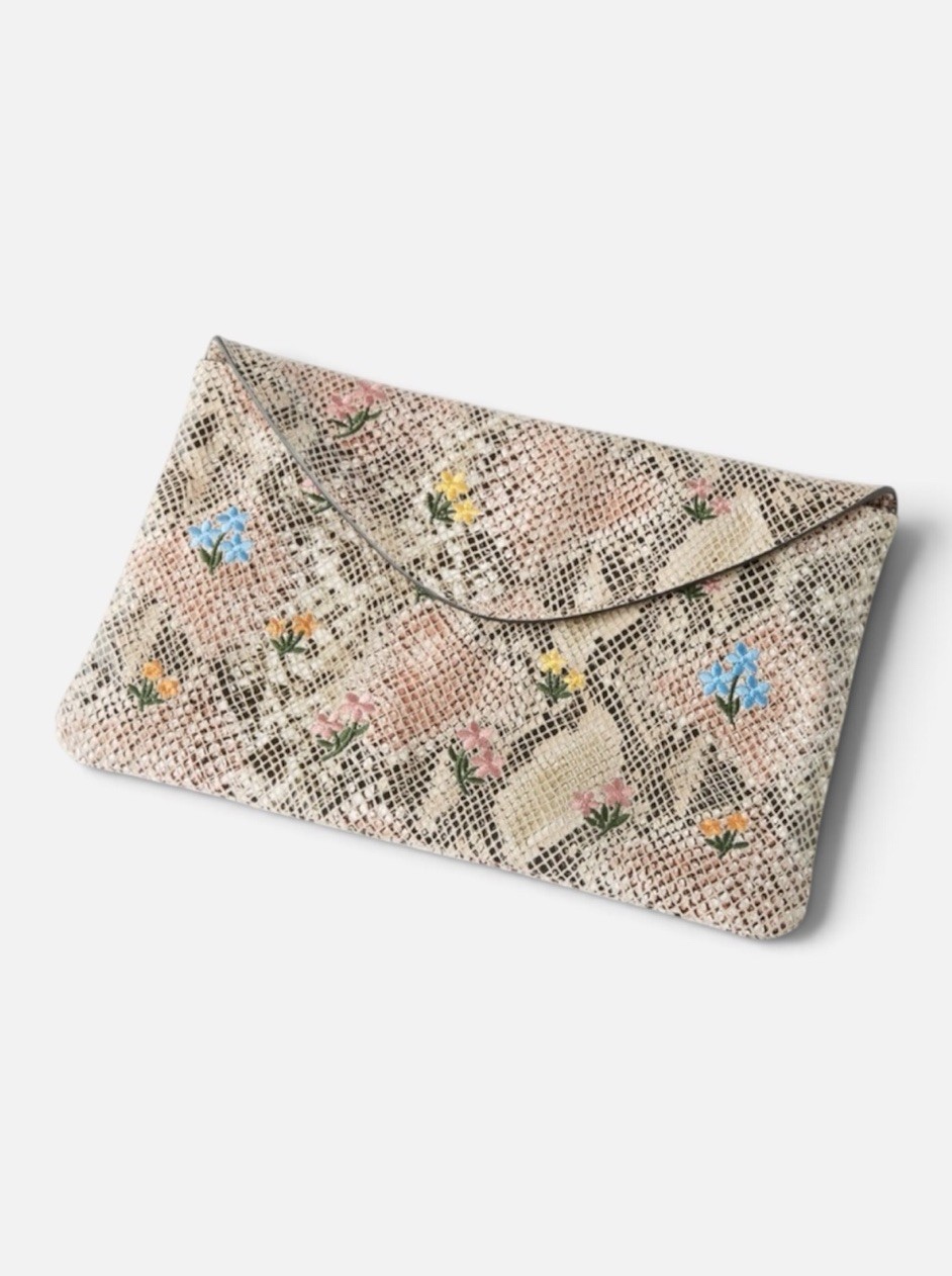 Anthropologie Leather Snake Print Embroidered Floral Clutch Bag