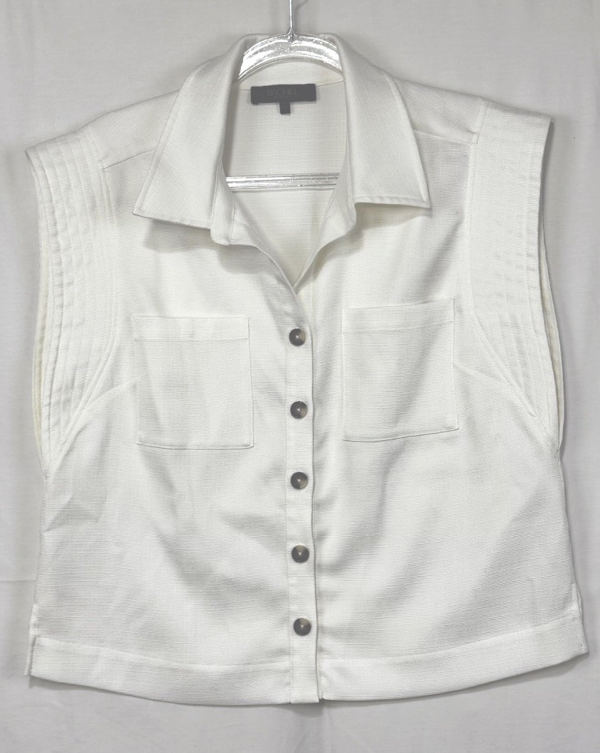 Rachel Roy White Solid Knit Sleeveless Collared Button-Up Top Women Size Large L