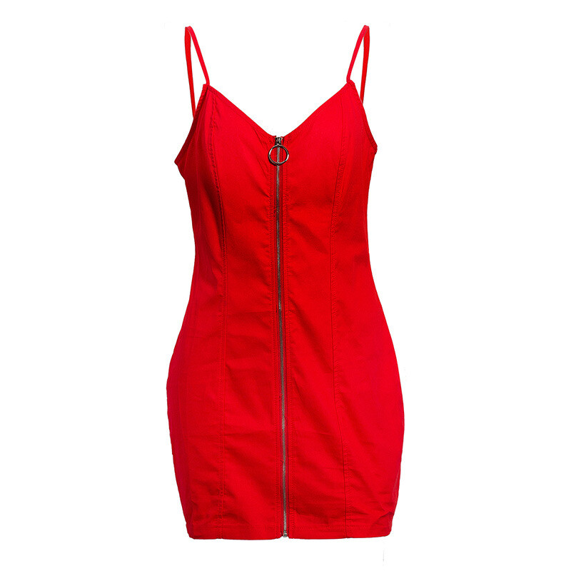 Summer Sundress Ladies V Neck Zipper Bodycon Mini Cami Dress Evening Party Skirt