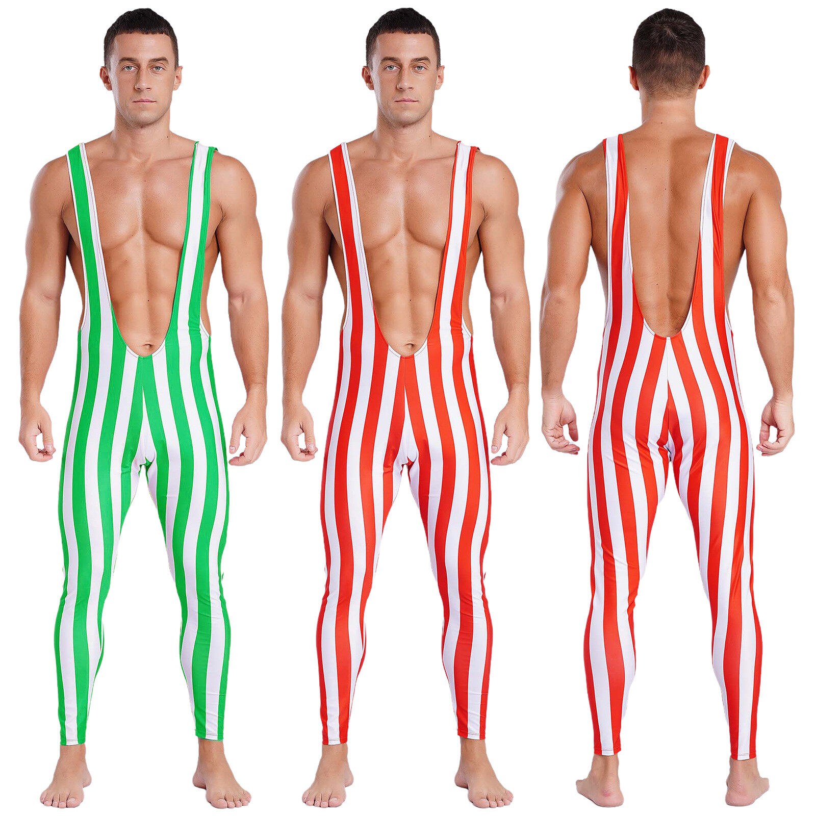 Mens Jumpsuit Deep U Neck Bodysuit Breathable Rompers Striped Costume One Piece