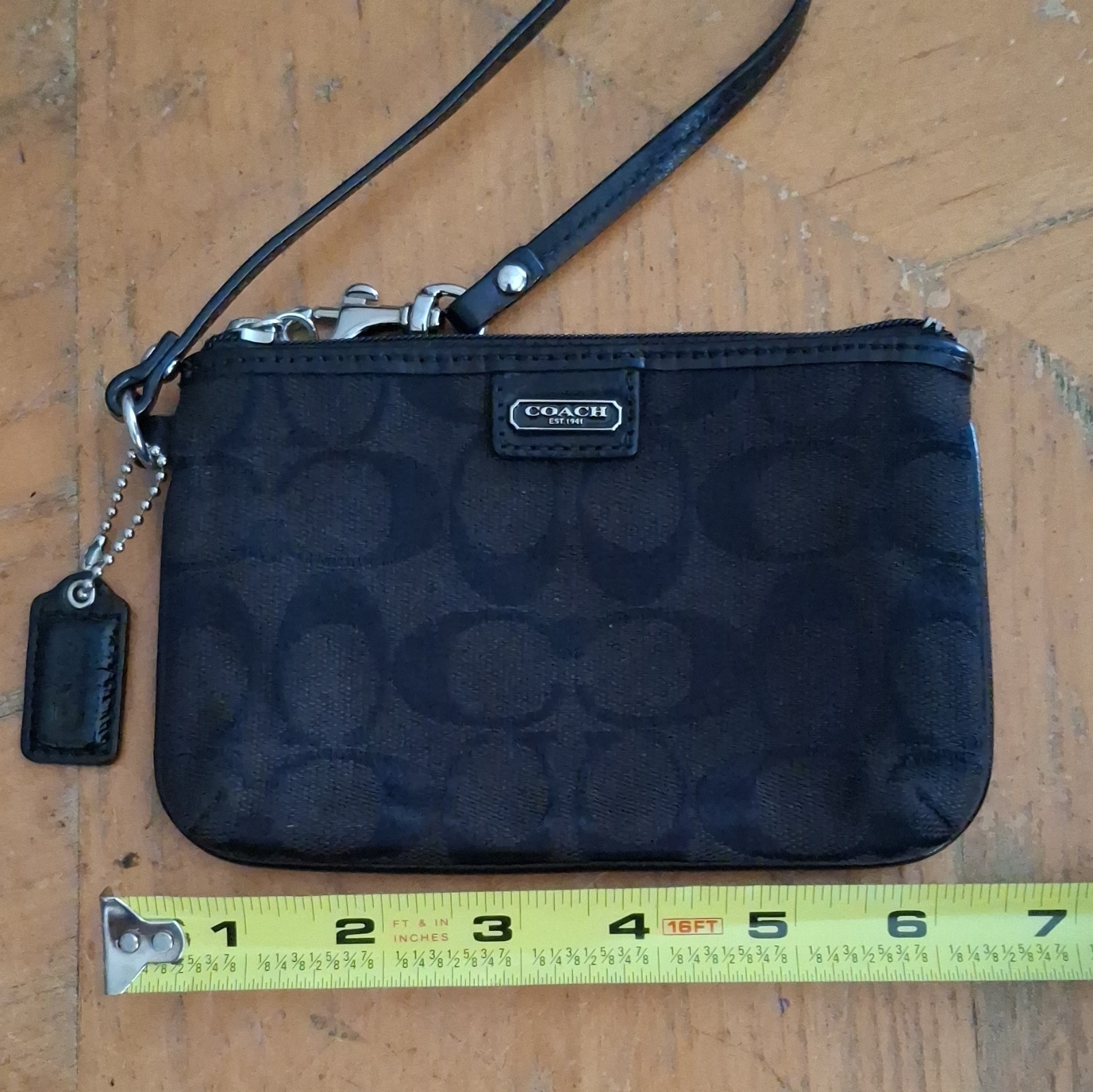 Coach Signature Black Zip Wristlet Clutch Pouch w/ Strap, Silver Hardware